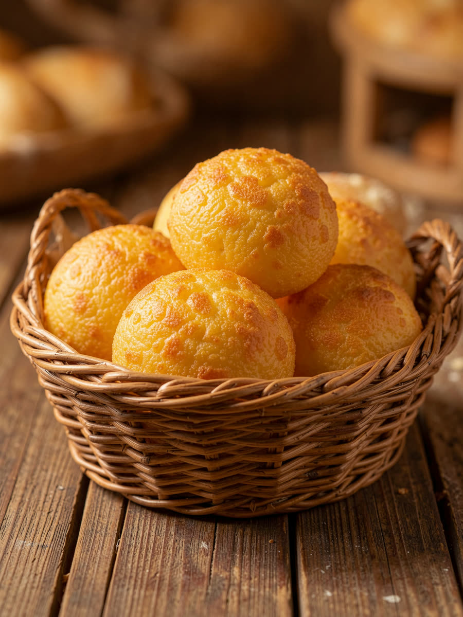 Pão de queijo dourado saindo do forno